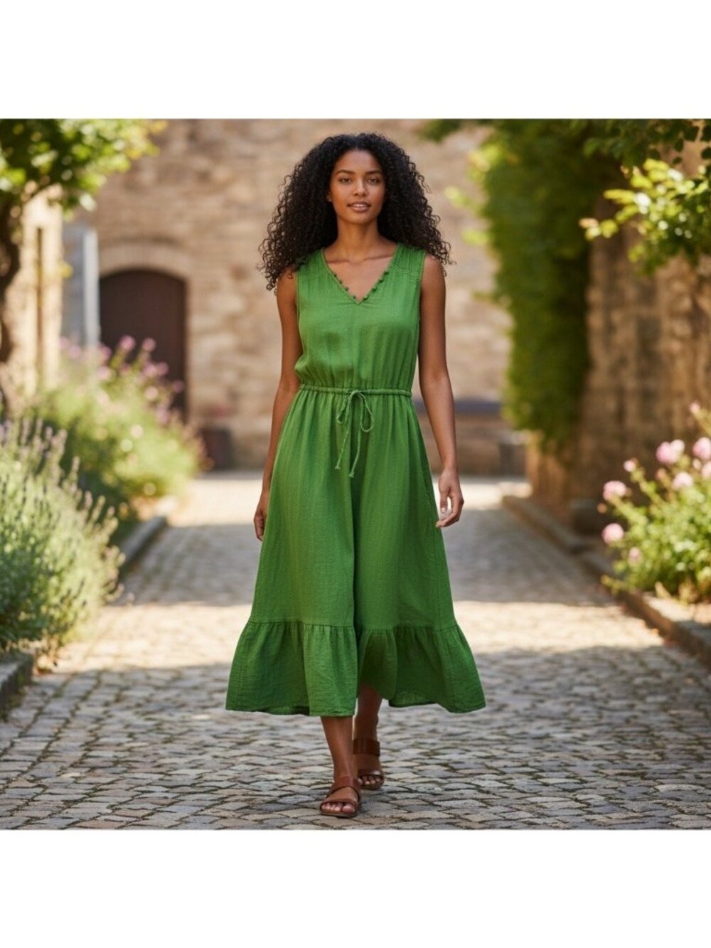 Time & Tru Womens Size S Green Sleeveless Boho Dress Gauze Tiered Pockets - Picture 2 of 6